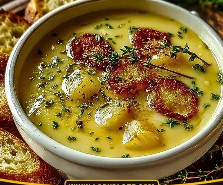 Bowl of Country-Style French Garlic Soup garnished with herbs and bread