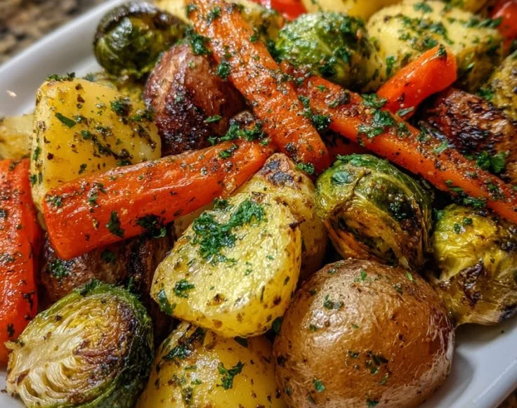 Plate of Cowboy Butter Roasted Vegetables garnished with herbs