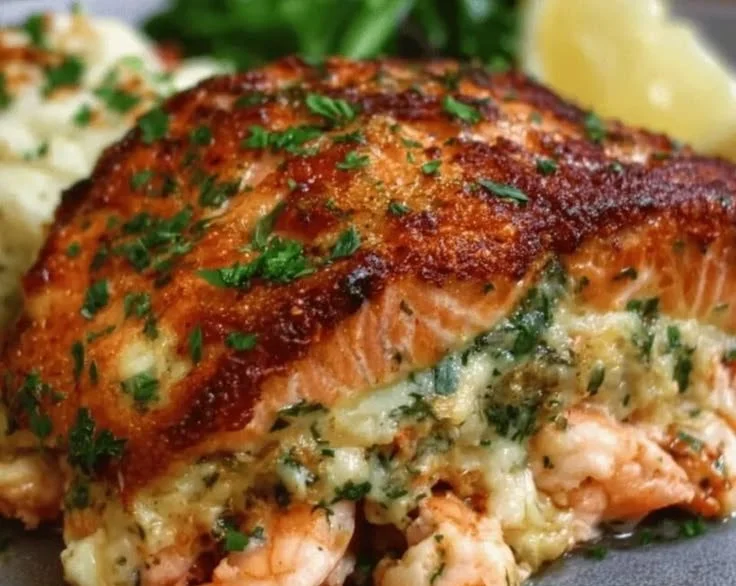 Crab and shrimp stuffed salmon fillet served on a plate with garnish