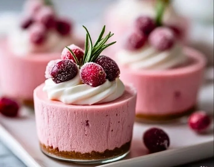 Cranberry mousse cups elegantly decorated, a delightful dessert option.