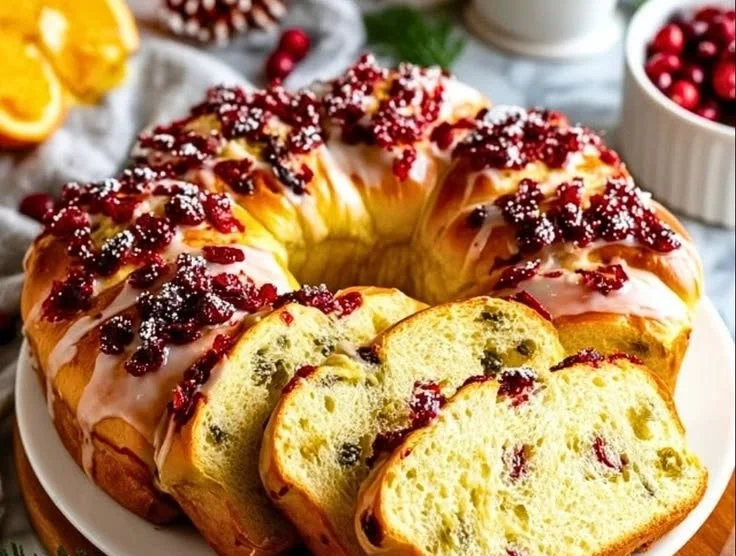 Freshly baked Cranberry Orange Bread loaf with cranberries and orange zest.