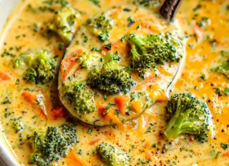 Creamy broccoli cheddar soup in a bowl with fresh broccoli garnish