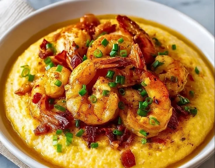 Creamy cheesy shrimp and grits garnished with green onions in a bowl