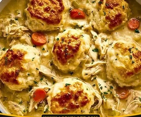 Creamy Chicken Biscuit Casserole ready to serve, garnished with herbs.