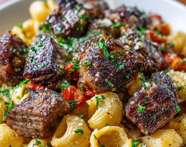 Creamy garlic steak bites with shell pasta on a plate