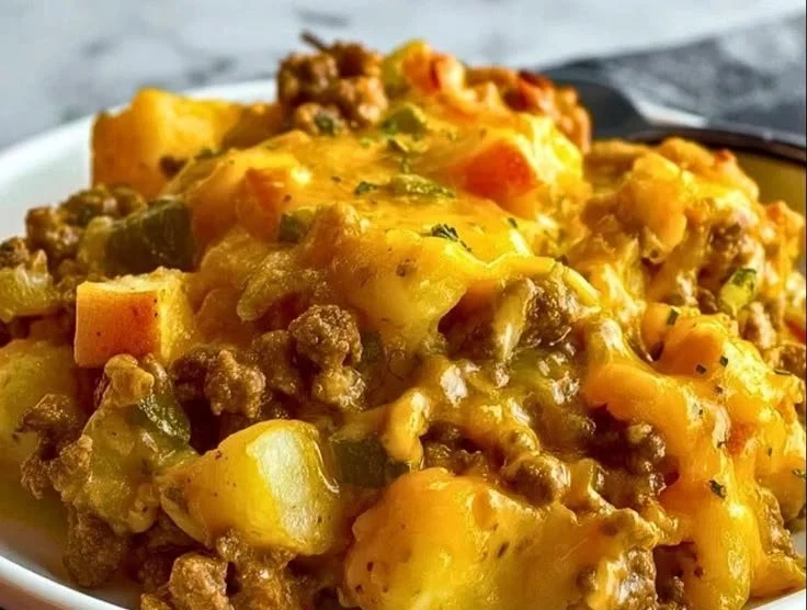 Creamy ground beef casserole topped with cheese, served in a baking dish.