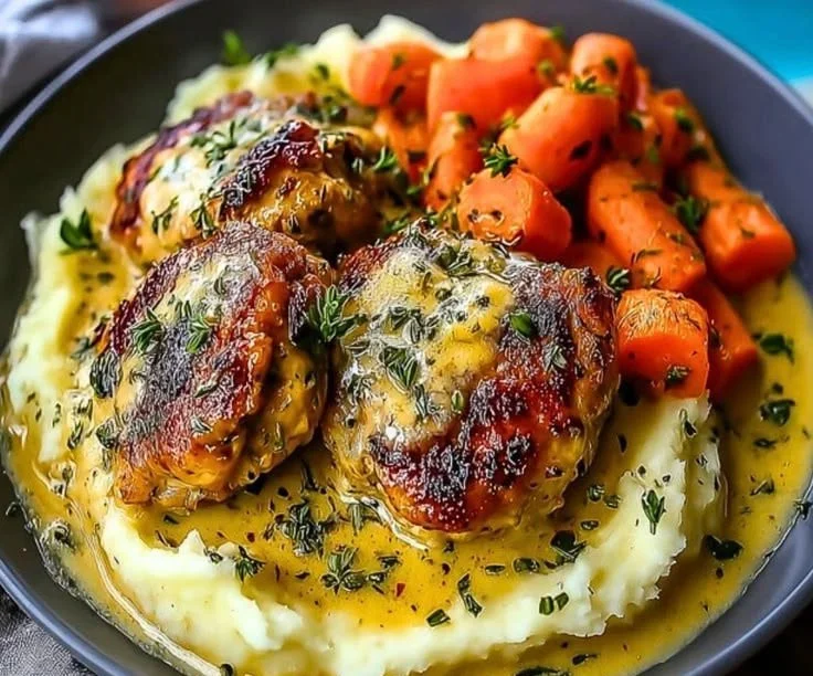 Creamy herb chicken thighs with carrots and mashed potatoes on a plate