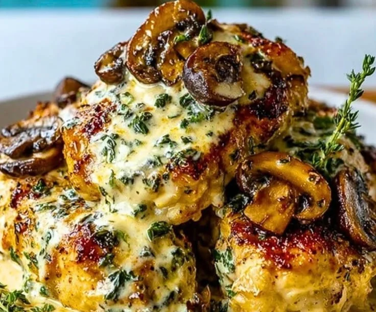 Creamy Mushroom Asiago Chicken dish garnished with herbs