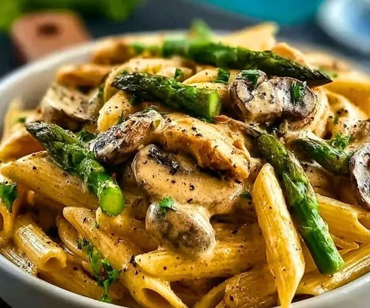 Creamy Mushroom Chicken Penne with Asparagus topped with fresh herbs