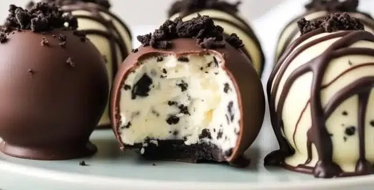 No-bake cookies and cream cheesecake balls on a white plate