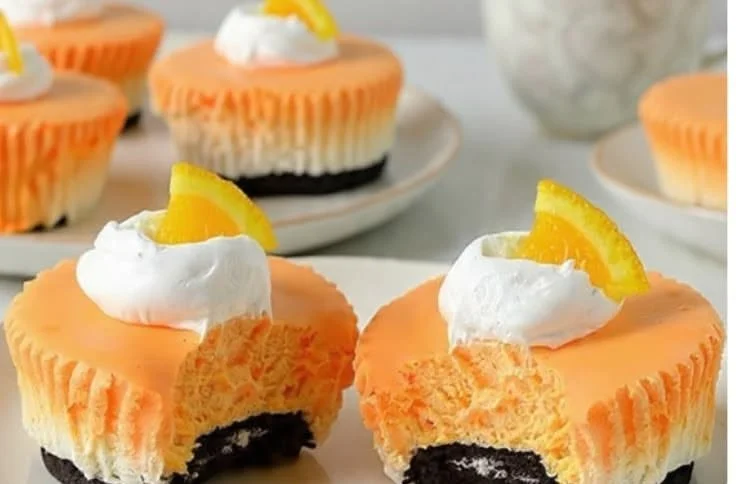 Delicious creamy orange mini cheesecakes topped with fresh oranges.