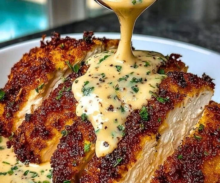 Creamy Parmesan-Crusted Chicken with garlic sauce plated attractively.