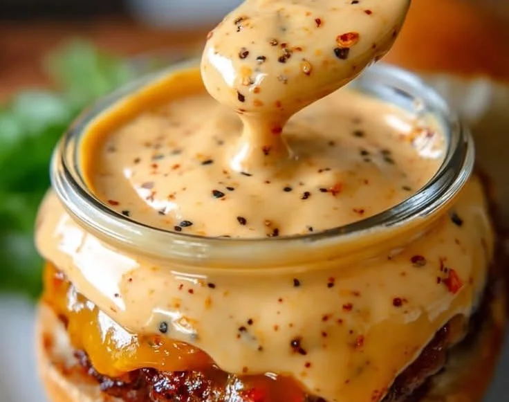 Creamy smash burger sauce drizzled over a freshly grilled burger