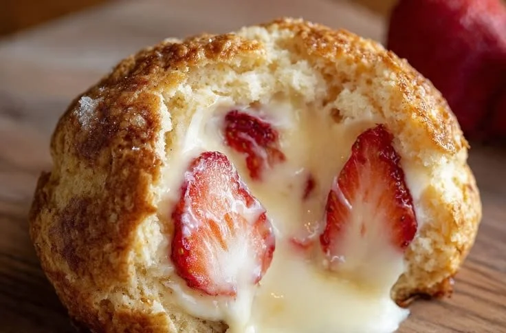 Creamy strawberry biscuit bombs served on a plate with fresh strawberries