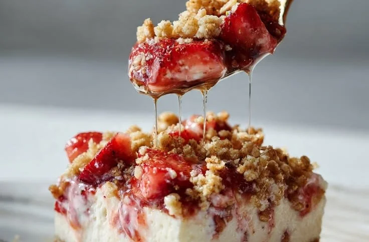 Creamy strawberry cheesecake topped with fresh strawberries and whipped cream