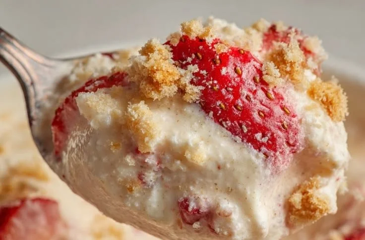 Delicious creamy strawberry dessert salad with fresh strawberries and whipped cream