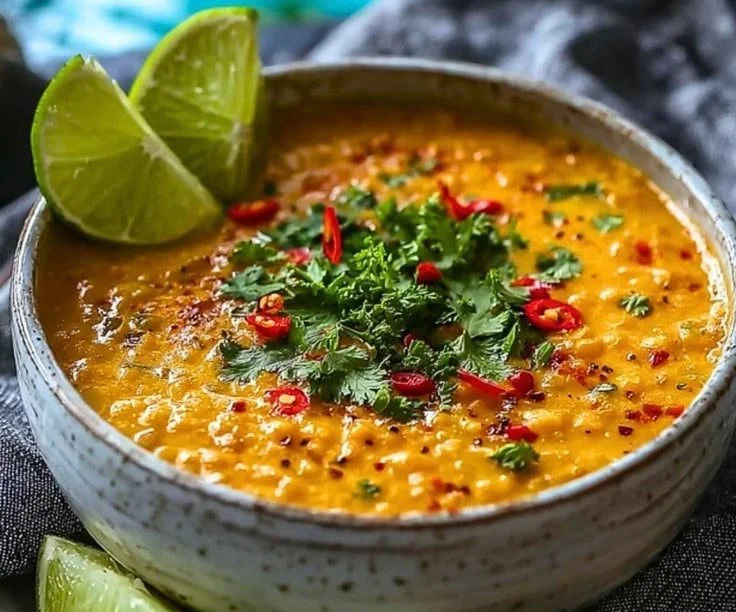 Bowl of creamy Thai Coconut Red Lentil Soup garnished with fresh herbs