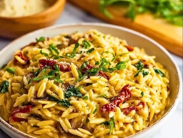 Creamy Tuscan orzo with fresh vegetables and herbs