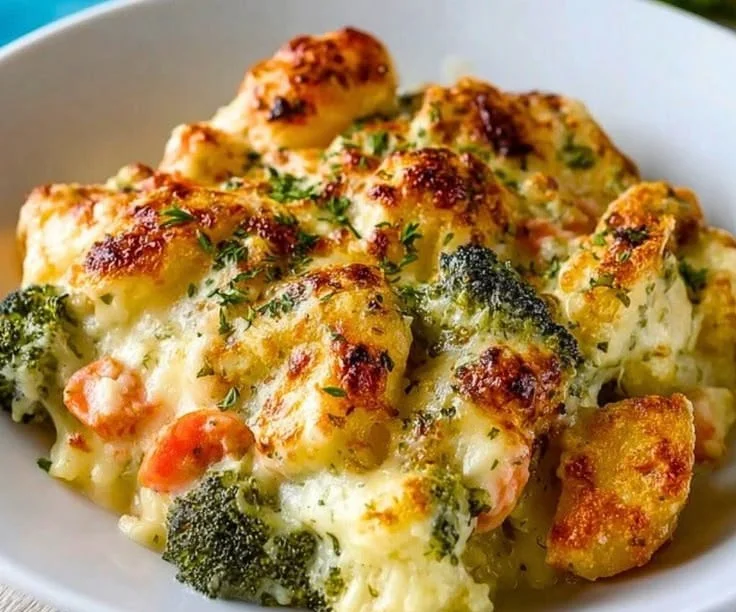 Creamy winter vegetable casserole topped with cheese and herbs in a baking dish