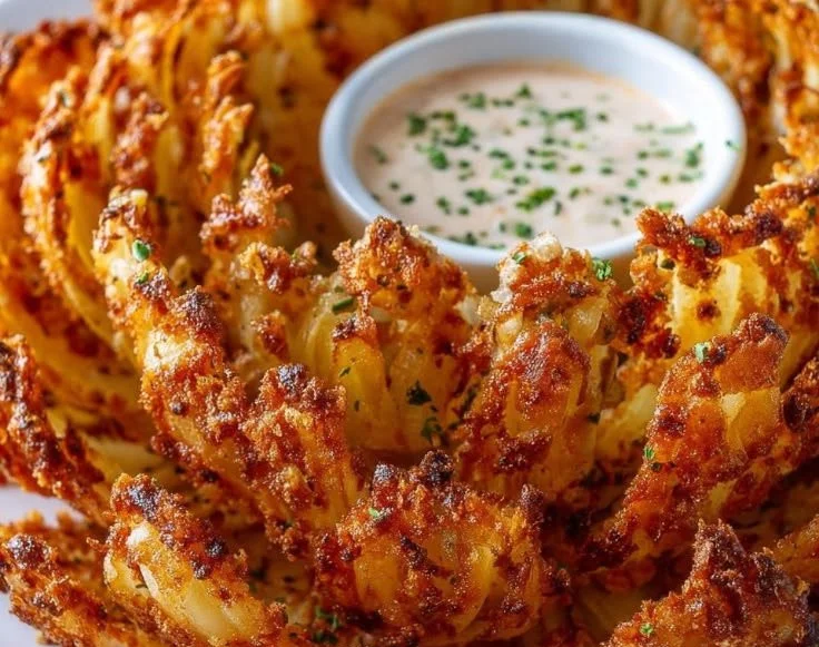 Crispy air fryer blooming onion served with dipping sauce.