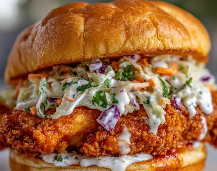 Crispy Buffalo Chicken Sandwich topped with Ranch Slaw on a wooden plate