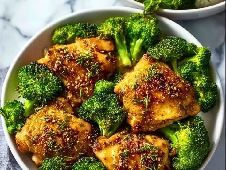 Crispy chicken thighs served with steamed broccoli on a plate