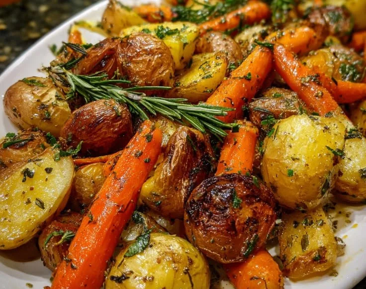 Crispy herb roasted potatoes and carrots served on a plate
