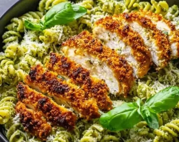 Delicious crispy Parmesan chicken served with pesto pasta