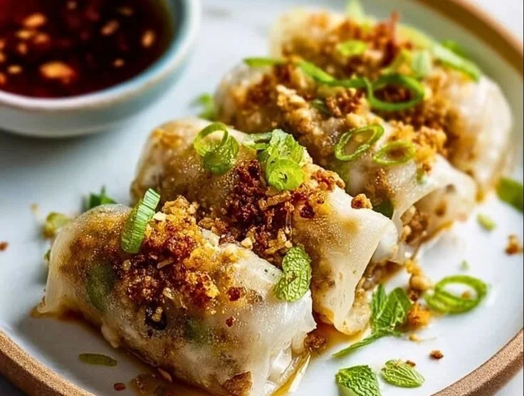 Crispy rice paper dumplings filled with ground turkey on a plate