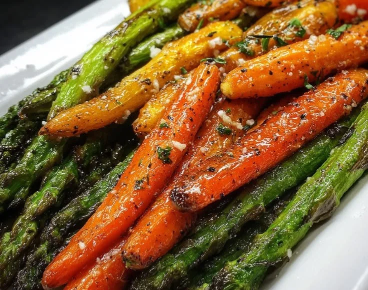 Crispy roasted asparagus and carrots on a plate, a healthy side dish.