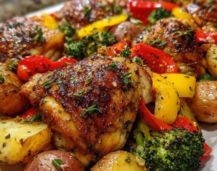 Crispy roasted chicken thighs in a pan, garnished with herbs and spices