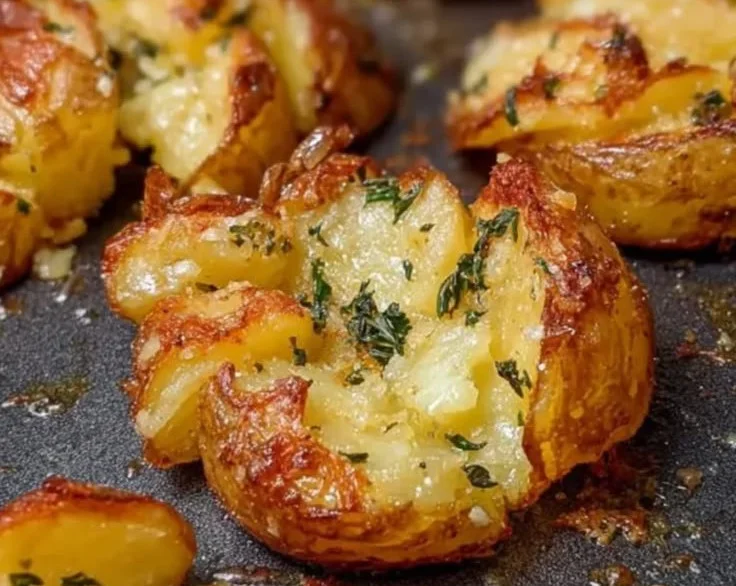 Crispy smash potatoes topped with herbs and spices, served on a plate.