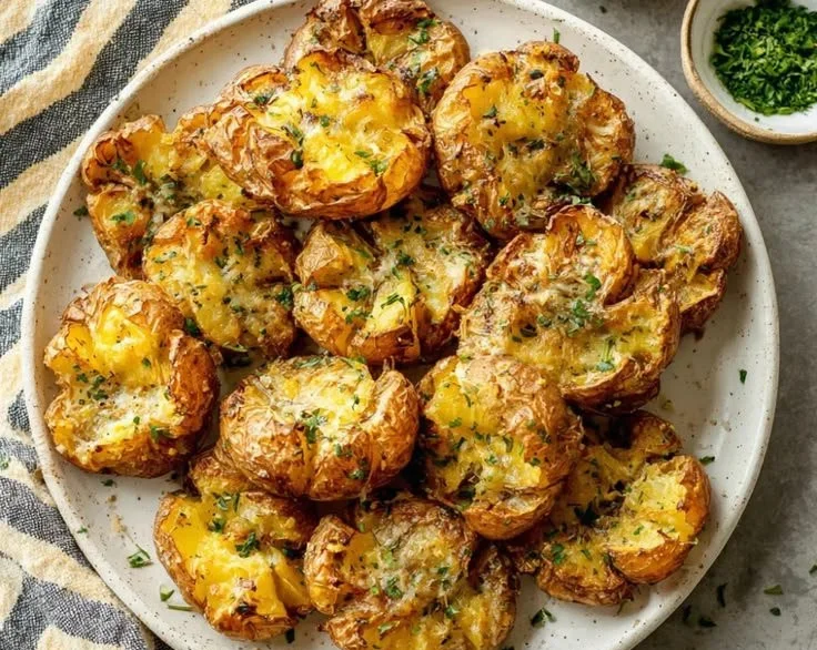 Crispy smashed potatoes arranged on a platter with herbs and spices.