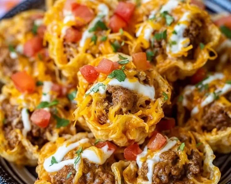 Golden crispy taco phyllo cups filled with seasoned meat and toppings