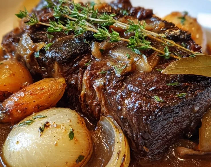 Delicious Crock Pot French Onion Pot Roast served with fresh herbs