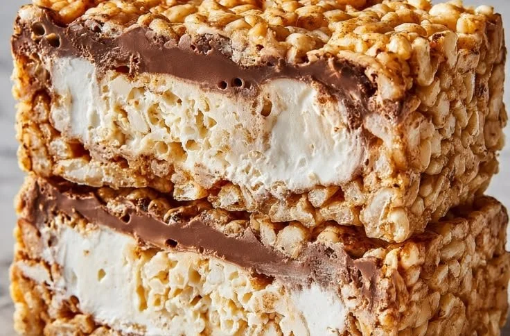Homemade Rice Krispie ice cream bars topped with chocolate drizzle