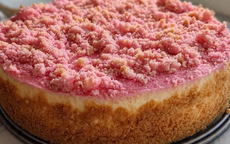 Crunchy strawberry cheesecake topped with fresh strawberries and whipped cream
