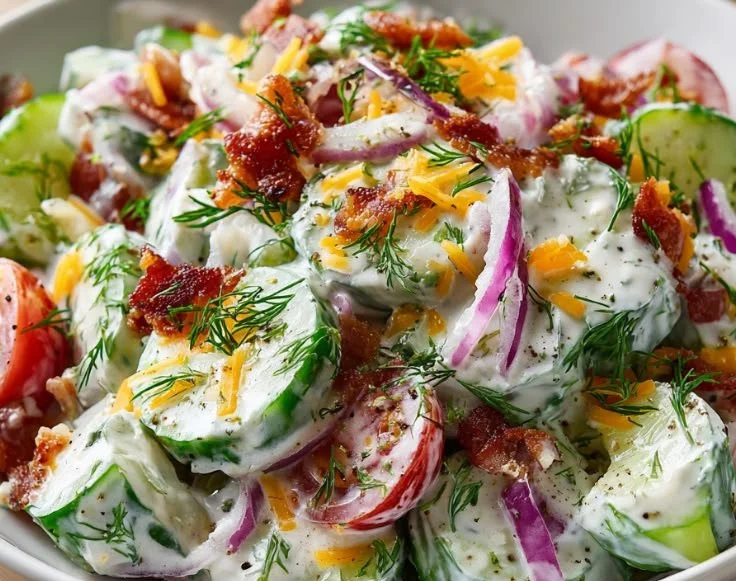Delicious Cucumber Ranch Crack Salad in a bowl garnished with fresh herbs