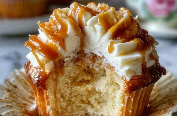 Delicious butterbeer cupcakes topped with creamy frosting and butterscotch drizzle.