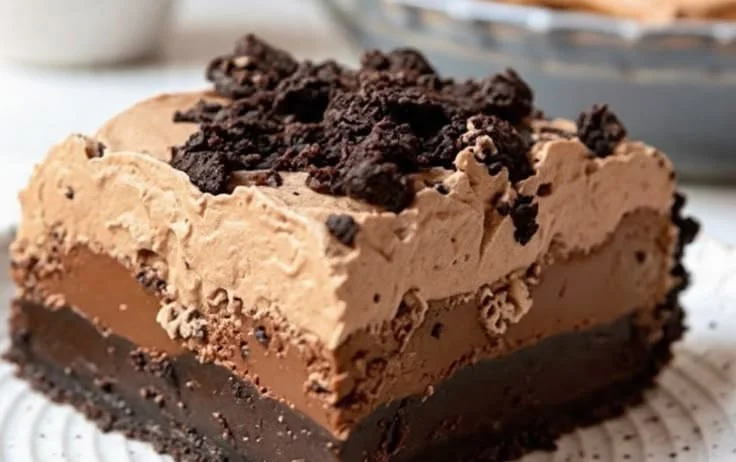 Decadent cocoa mud pie topped with chocolate curls and whipped cream