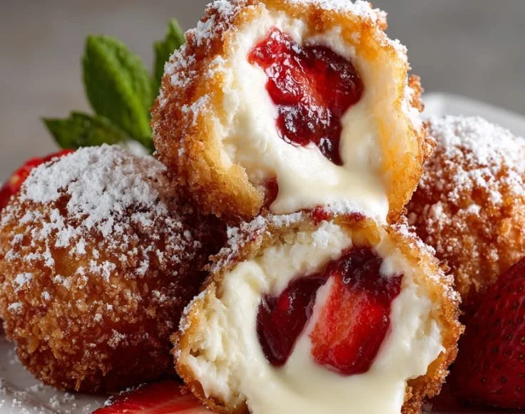 Deep-fried strawberry cheesecake pies with a golden crispy crust and creamy filling
