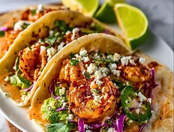 Plate of delicious shrimp tacos with fresh toppings and garnishes