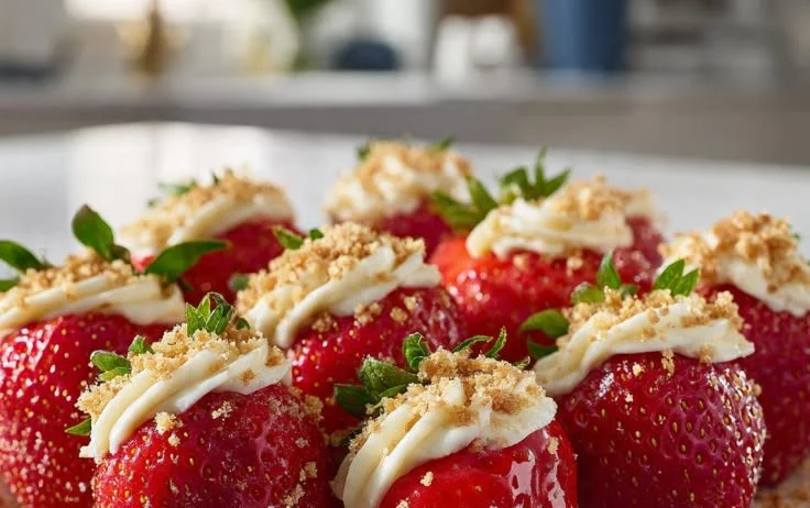 Delicious deviled strawberries filled with creamy topping on a white plate.