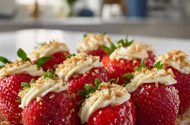 Delicious deviled strawberries topped with creamy filling and garnishes.