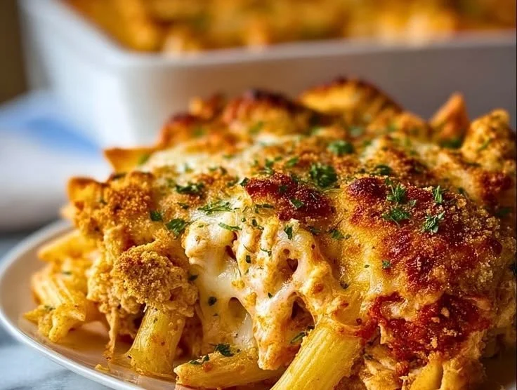 Delicious Dump and Bake Chicken Parmesan Casserole served in a dish