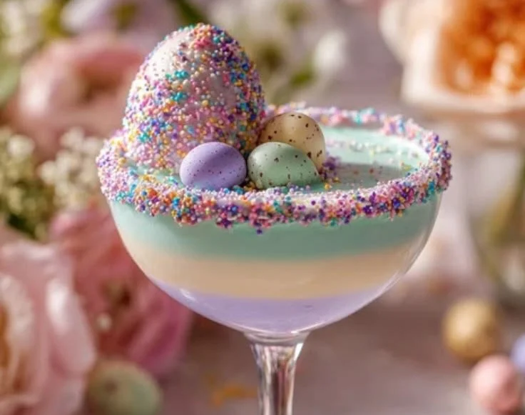 Easter Egg Martini cocktail in a decorative glass with festive garnishes.