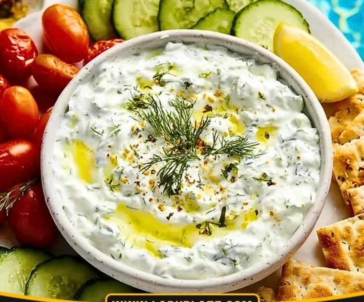 Bowl of homemade tzatziki sauce made with yogurt, cucumber, and garlic