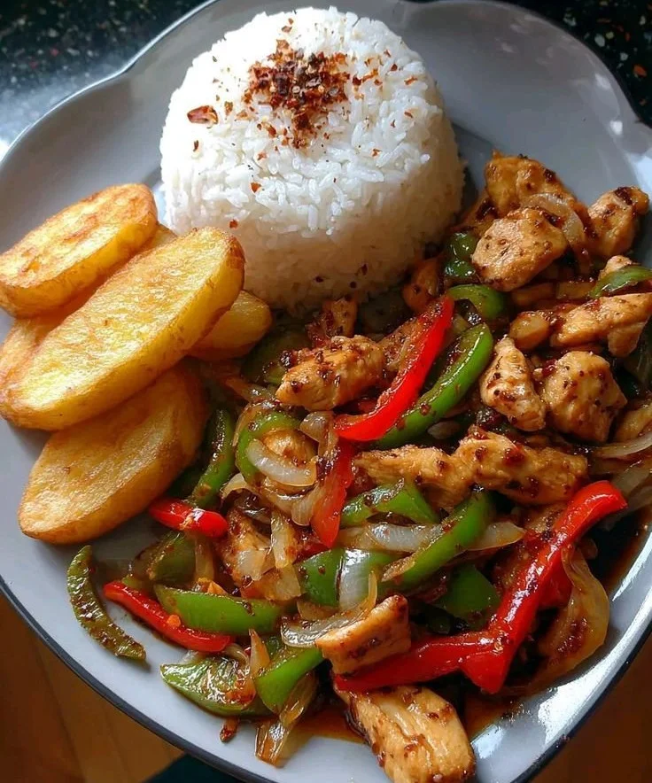 Colorful easy chicken stir fry with vegetables in a skillet