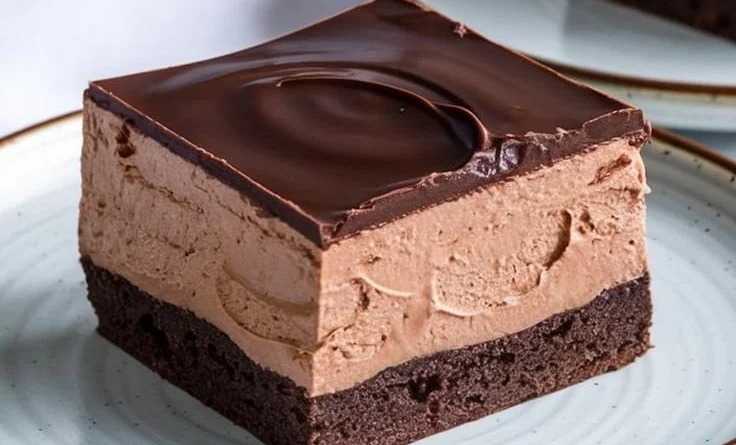 Easy chocolate mousse brownies on a plate topped with chocolate shavings