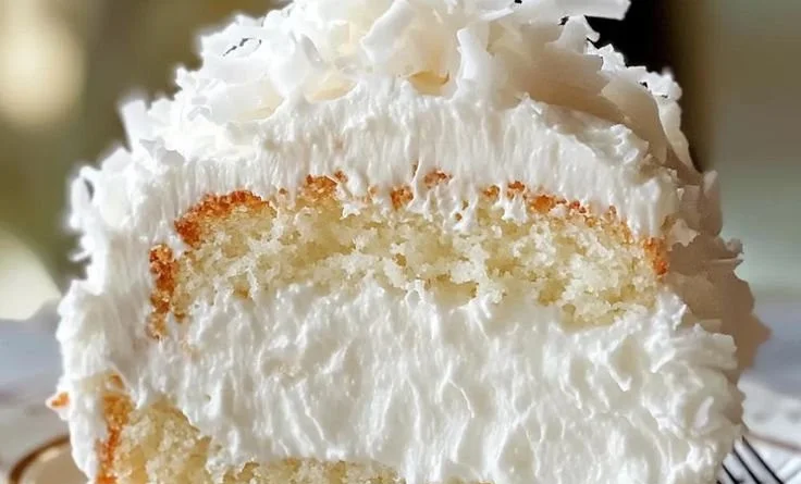 Slice of coconut cloud cake with fluffy texture and toasted coconut topping